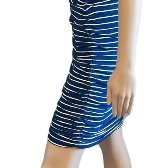 Athleta Striped Racerback Dress Size Small Navy Blue White Ruched Stretch Knit - Picture 2 of 12